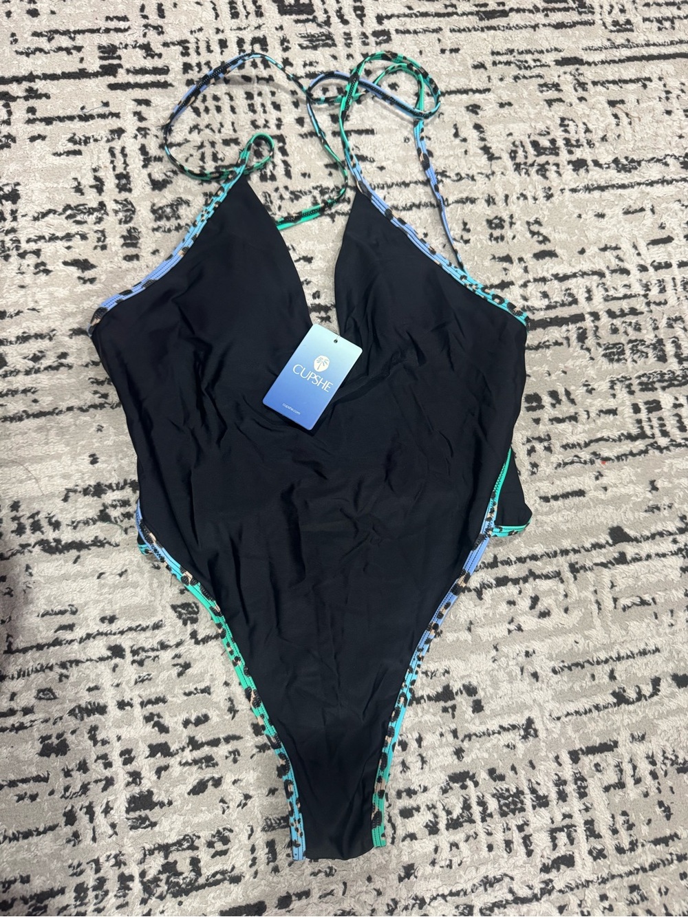 Cupshe Black One-Piece Swimsuit with Blue & Green Trim